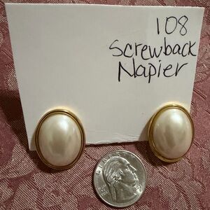 Napier Gold-Tone Oval Faux Pearl Screwback Earrings - Cream